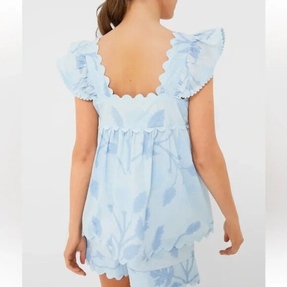 NWT JULIET DUNN Pale Blue Baby Doll Top with Bellflower Block Print Size 2 - Picture 4 of 6